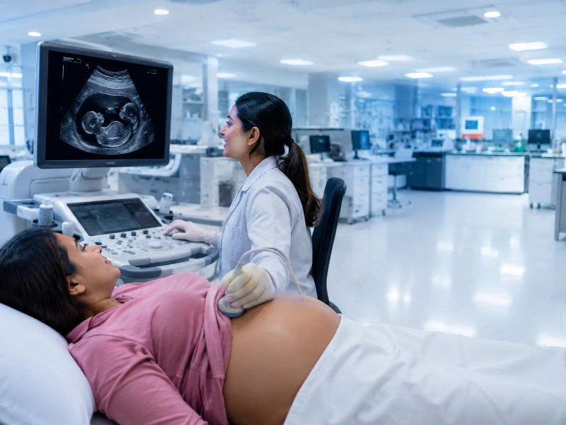 Advanced high-resolution pregnancy ultrasound workstation performing a high-precision third trimester scan to evaluate late-pregnancy baby weight and placental blood flow paths
